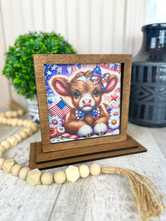 Patriotic Highland Cow Interchangeable Shelf Sitter Plate