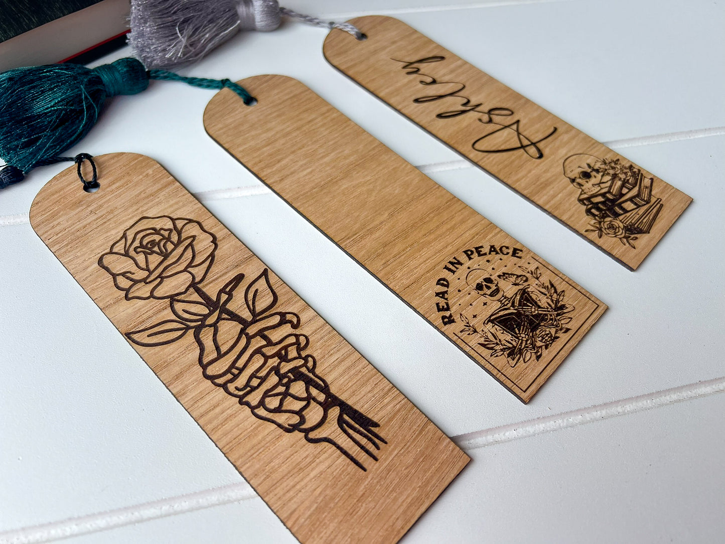 Skull Wood Bookmark W/ Pom Tassel