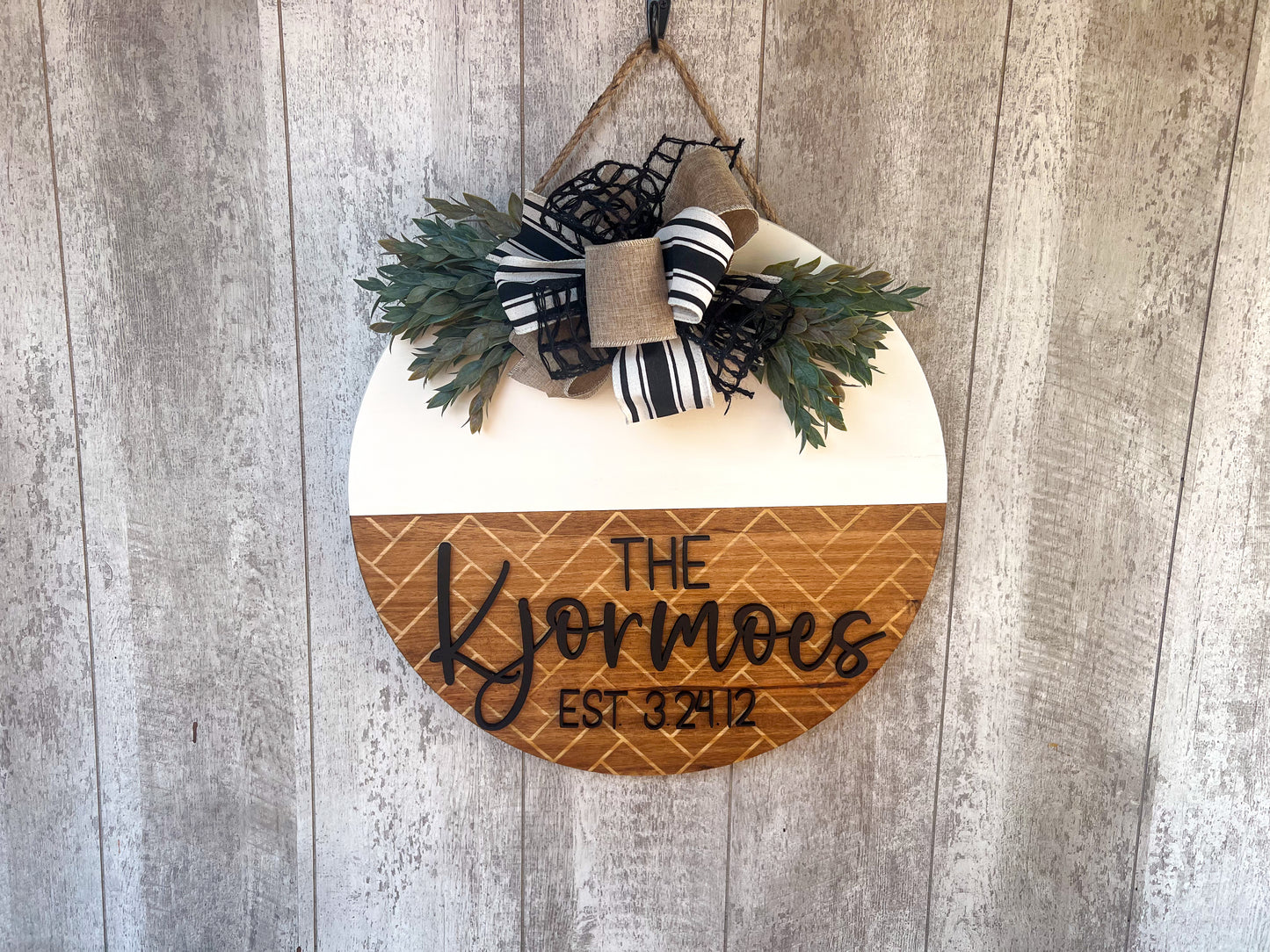 Last/ Family Name Cream & Herringbone Pattern Door Hanger