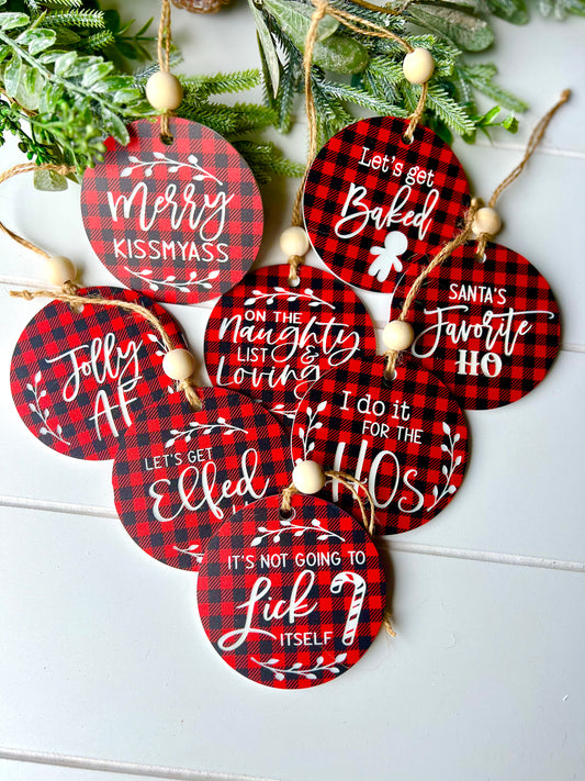 Naughty Buffalo Plaid Christmas Ornaments