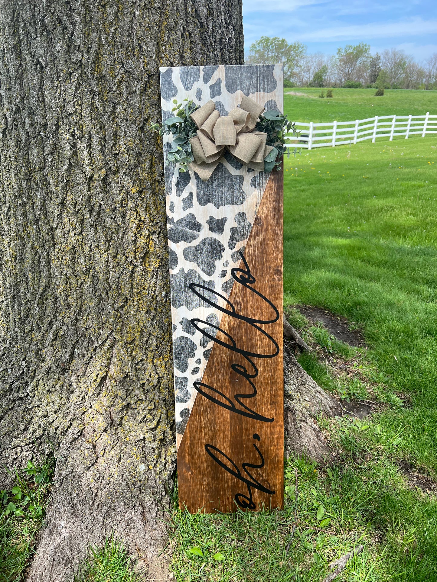 Oh Hello Distressed Cow Print Porch Sign