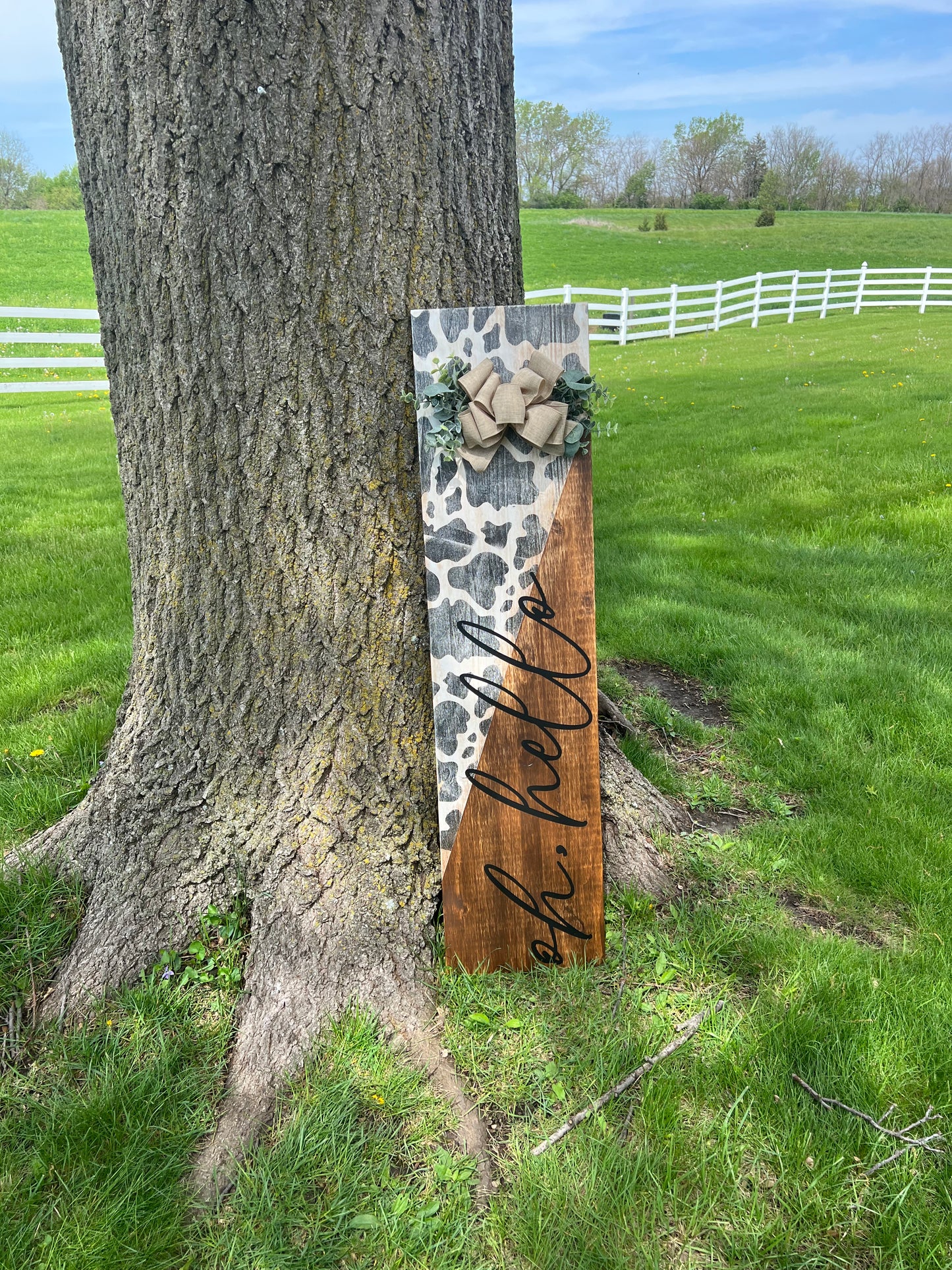 Oh Hello Distressed Cow Print Porch Sign