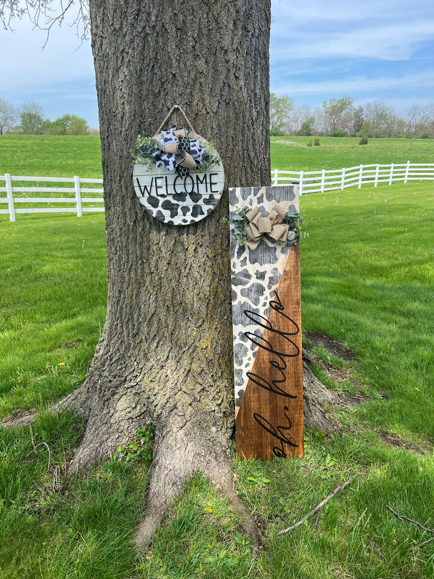 Oh Hello Distressed Cow Print Porch Sign